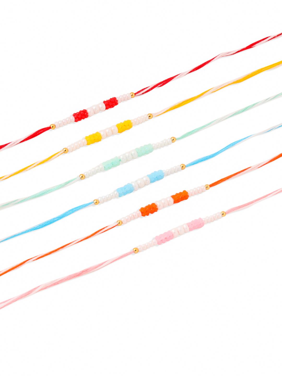 NVR Unisex Set of 6 Multicolor Pearls Thread Rakhi with Roli Chawal, Rakshabandhan Combo