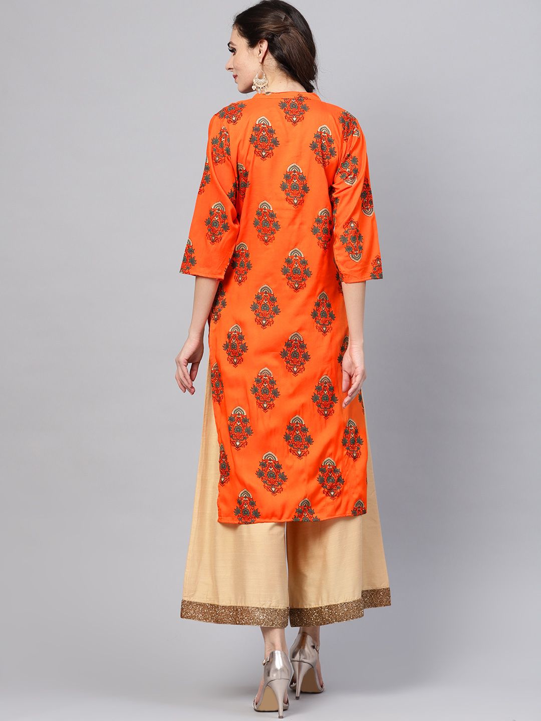 SOJANYA Kurta Lurus Bercetak Oren & Hijau Wanita