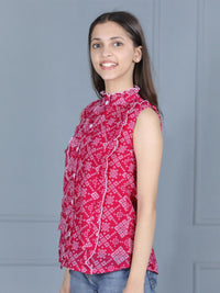 Cutiekins Pink Print Mandarin Collar Crepe Shirt Style Top