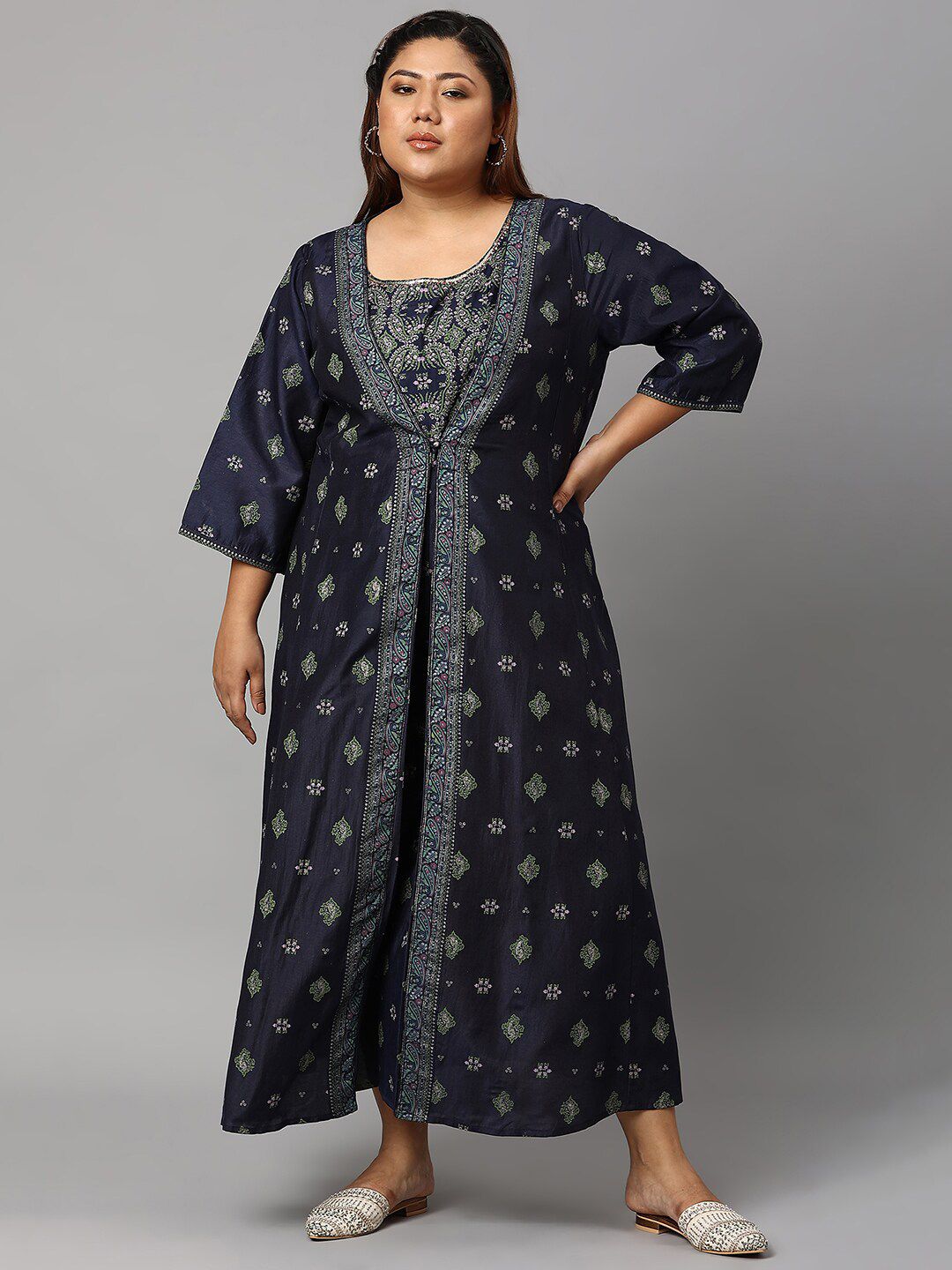 W Blue & Green Floral Embroidered Ethnic Maxi Dress