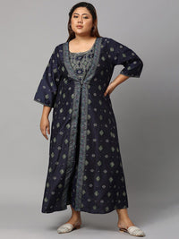 W Blue & Green Floral Embroidered Ethnic Maxi Dress