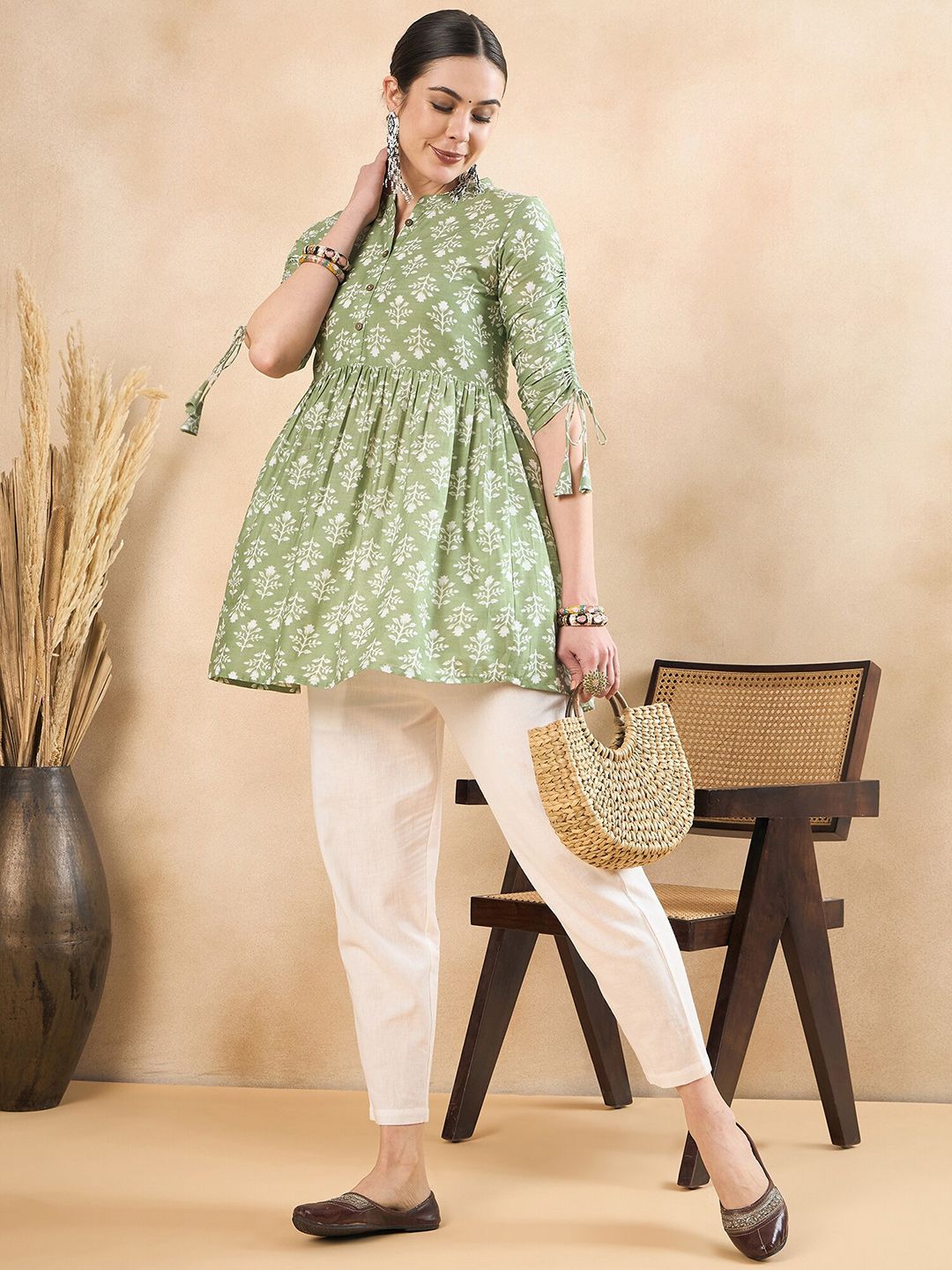 Anouk Floral Printed Ruched Pure Cotton A-Line Short Kurti