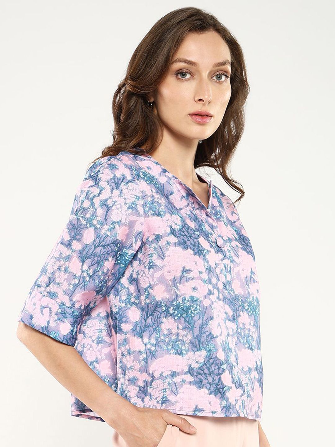 Rareism Cetakan Floral Flared Sleeve Styled Back Top