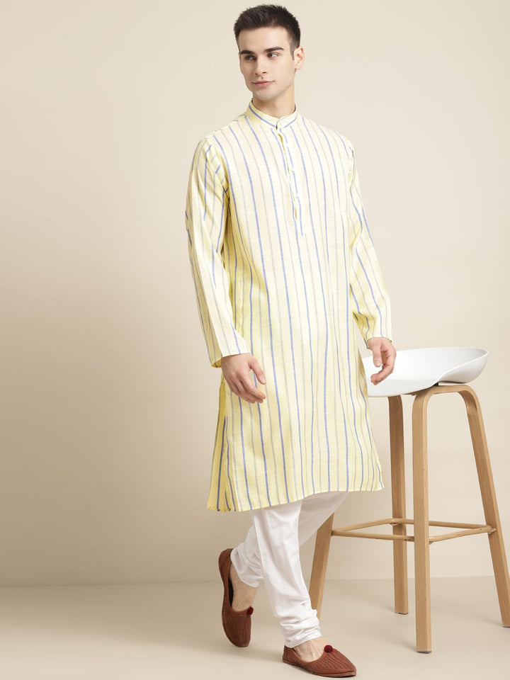 SOJANYA Kurta Lurus Berjalur Kapas Kuning & Ungu Lelaki