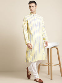 SOJANYA Kurta Lurus Berjalur Kapas Kuning & Ungu Lelaki