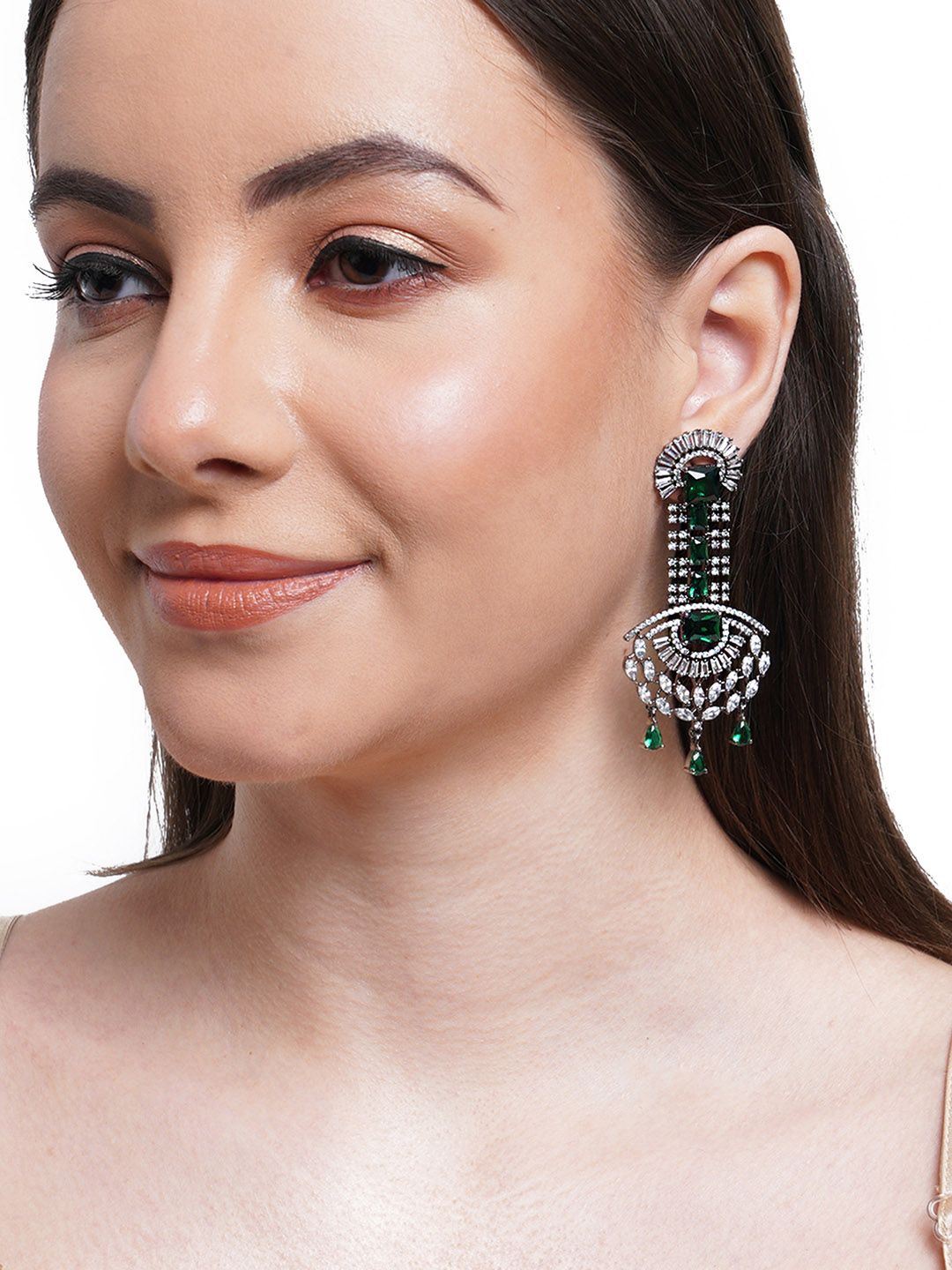 KARATCART Green & White Floral Studded Drop Earrings