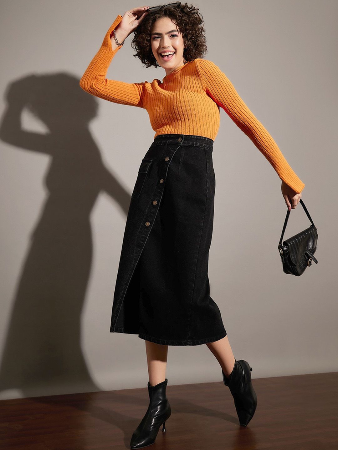 SASSAFRAS Black Front Slit Denim Wrap Midi Skirt