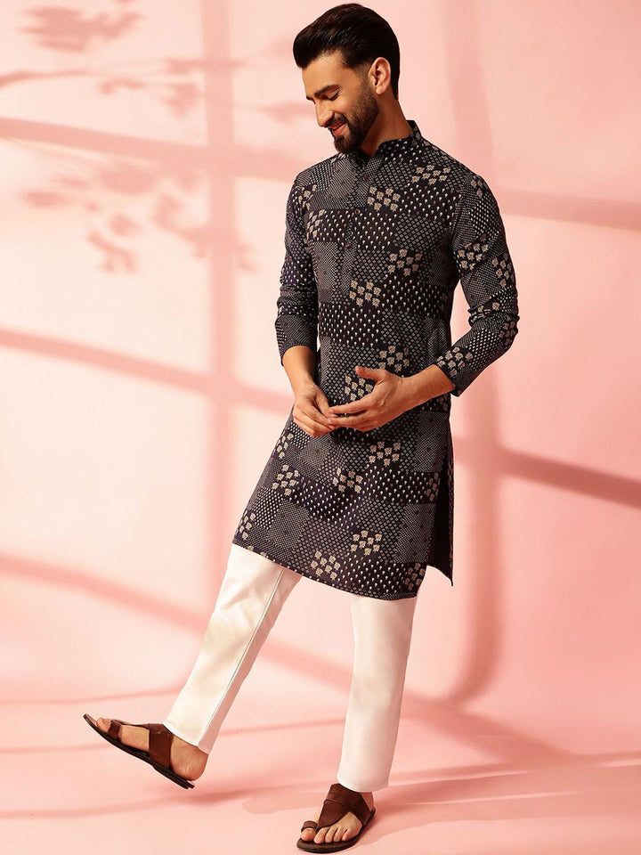 Anouk Floral Printed Band Collar Straight Cotton Linen Kurta