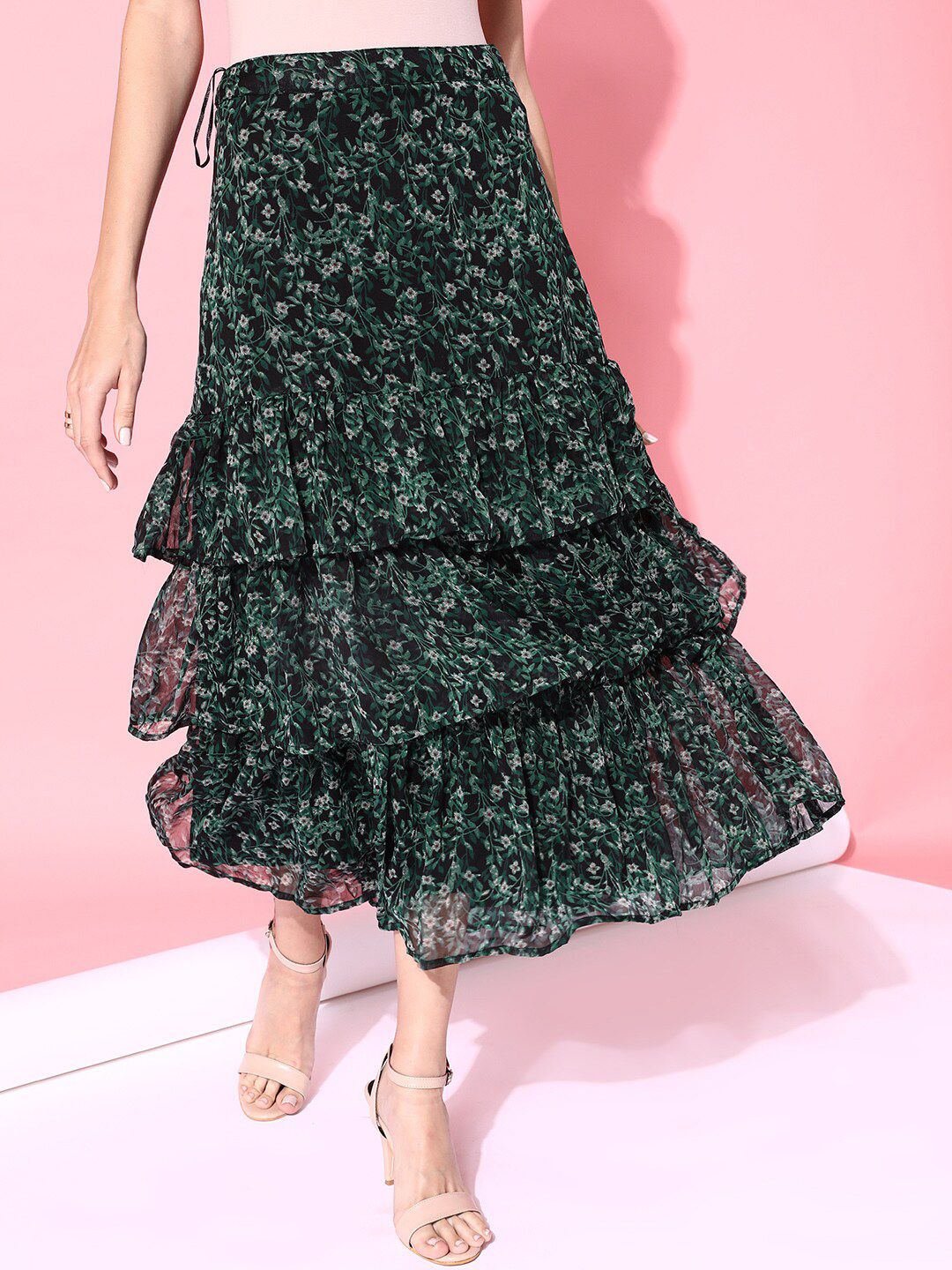 STREET 9 Women Green Printed Maxi Flared Skirt
