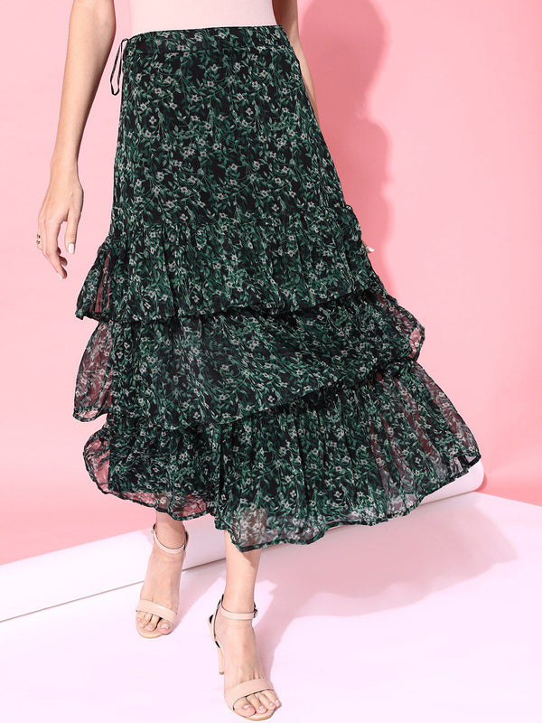 STREET 9 Women Green Printed Maxi Flared Skirt
