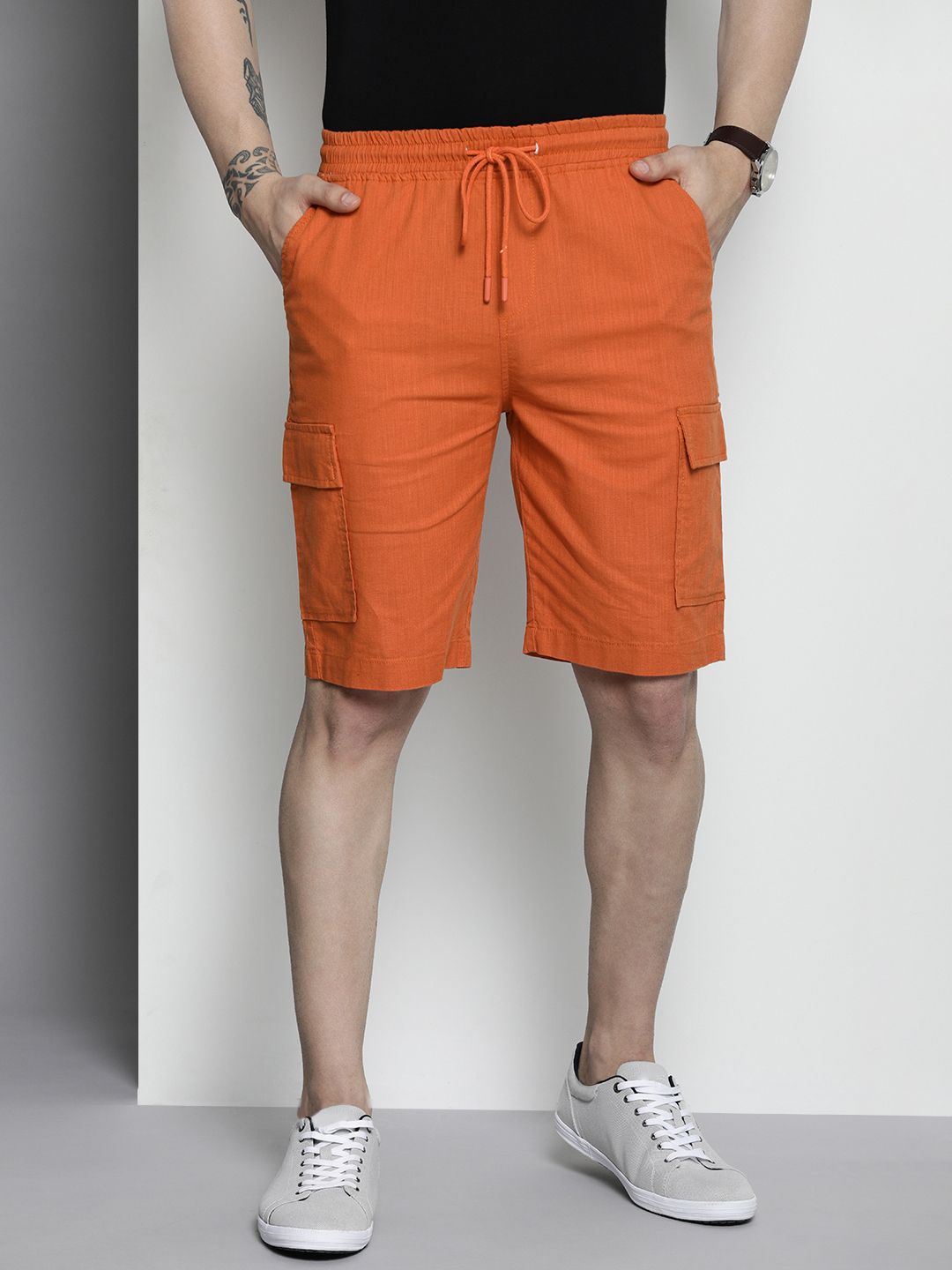 The Indian Garage Co Men Linen Cotton Slim Fit Cargo Shorts