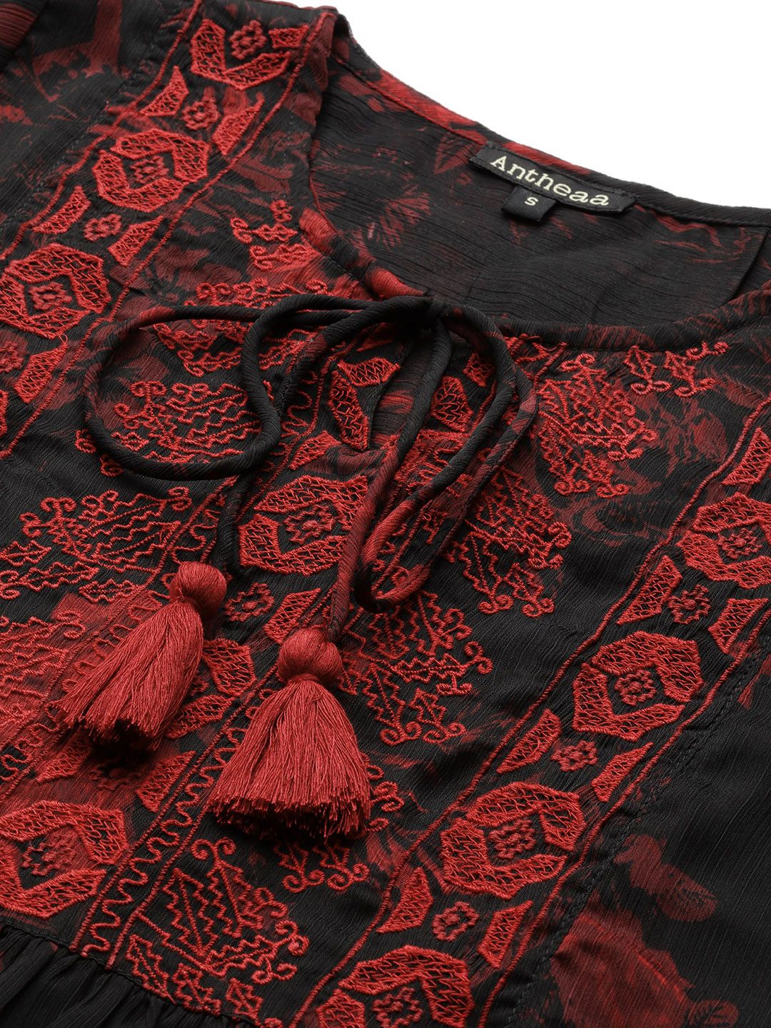 Antheaa Women Black & Red Floral Print Tie-Up Neck Top