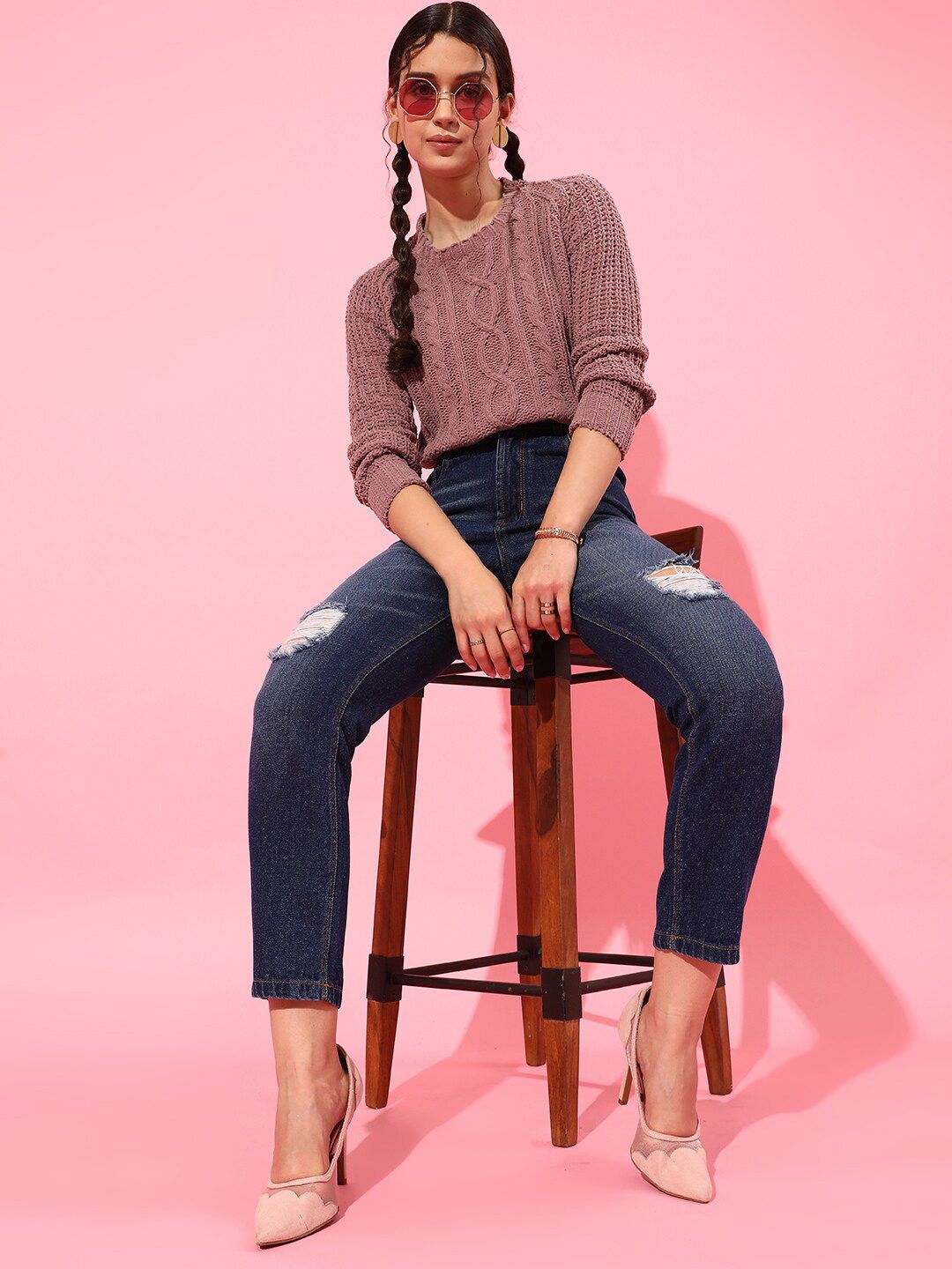 STREET 9 Women Mauve Cable Knit Sweater
