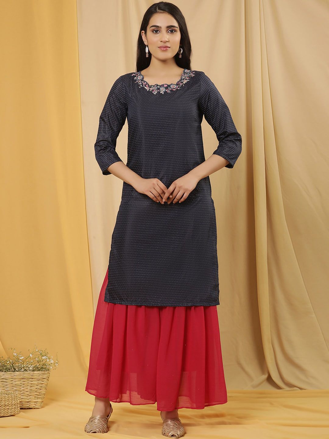 W Printed Regular Thread Work Kurta with Sharara