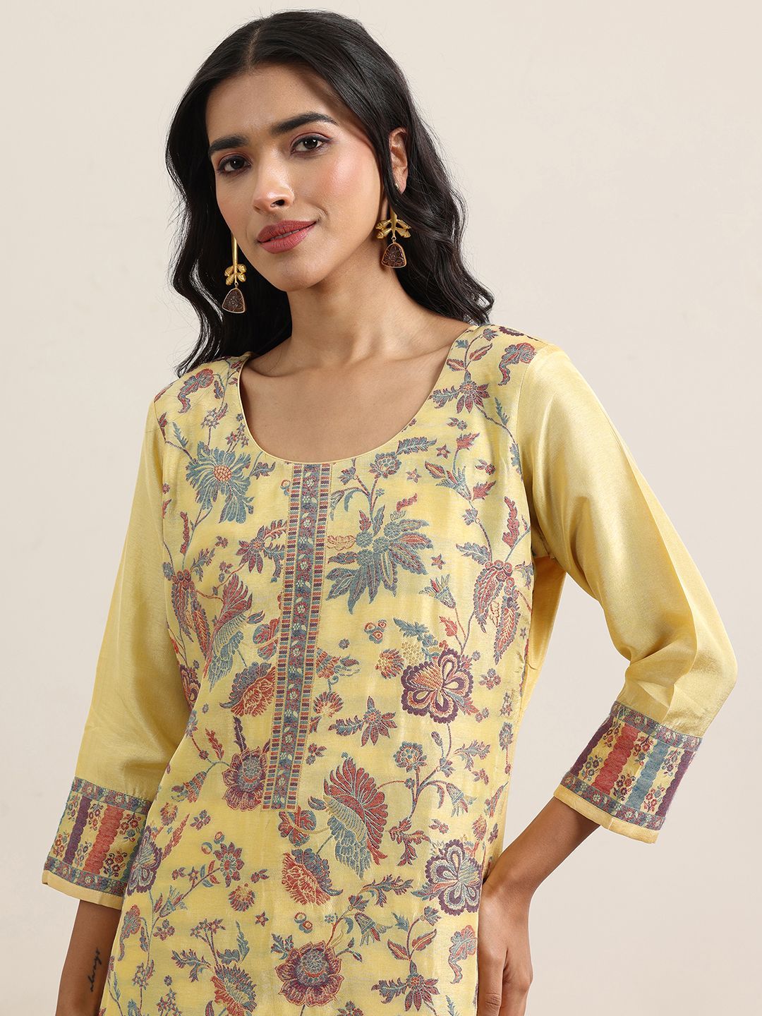 Libas Floral Woven Design Round Neck Regular Straight Kurta With Trousers & Dupatta