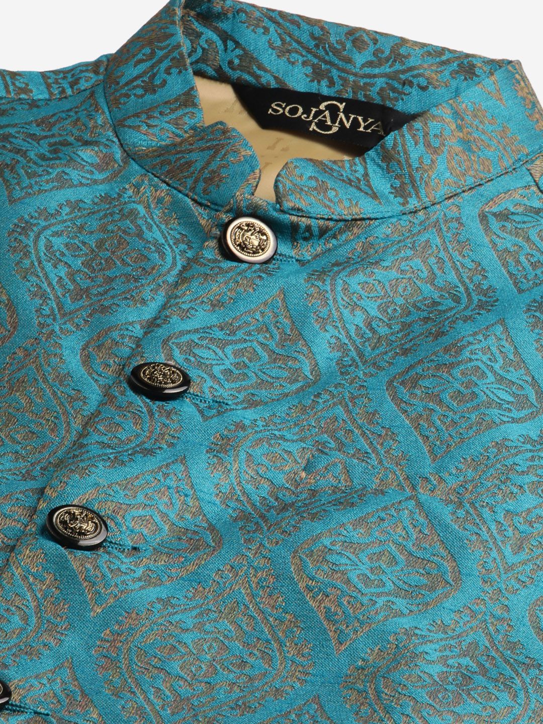 SOJANYA Men Blue Solid Kurta Set With Ethnic Motifs Nehru Jacket