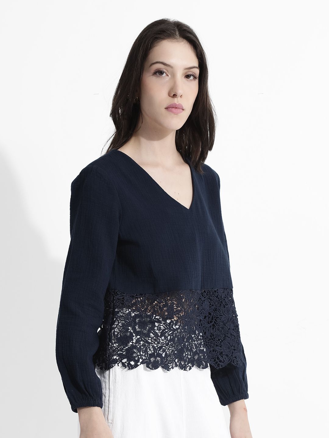 RAREISM Solid V-Neck Cotton Top
