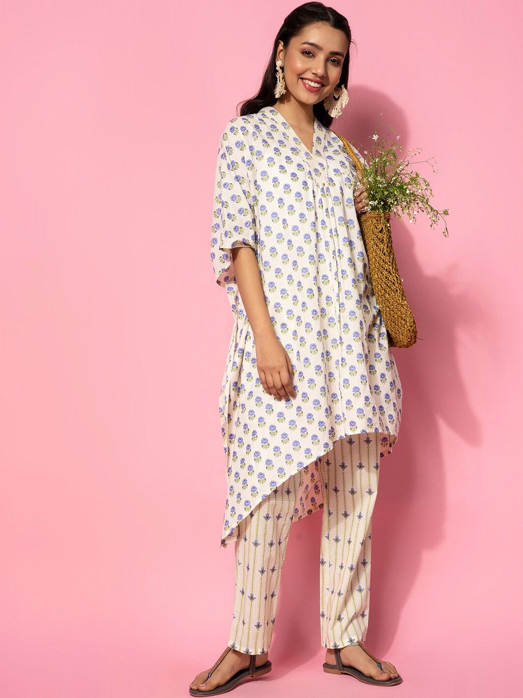 Libas Floral Printed V Neck Pure Cotton Kaftan Co-Ords