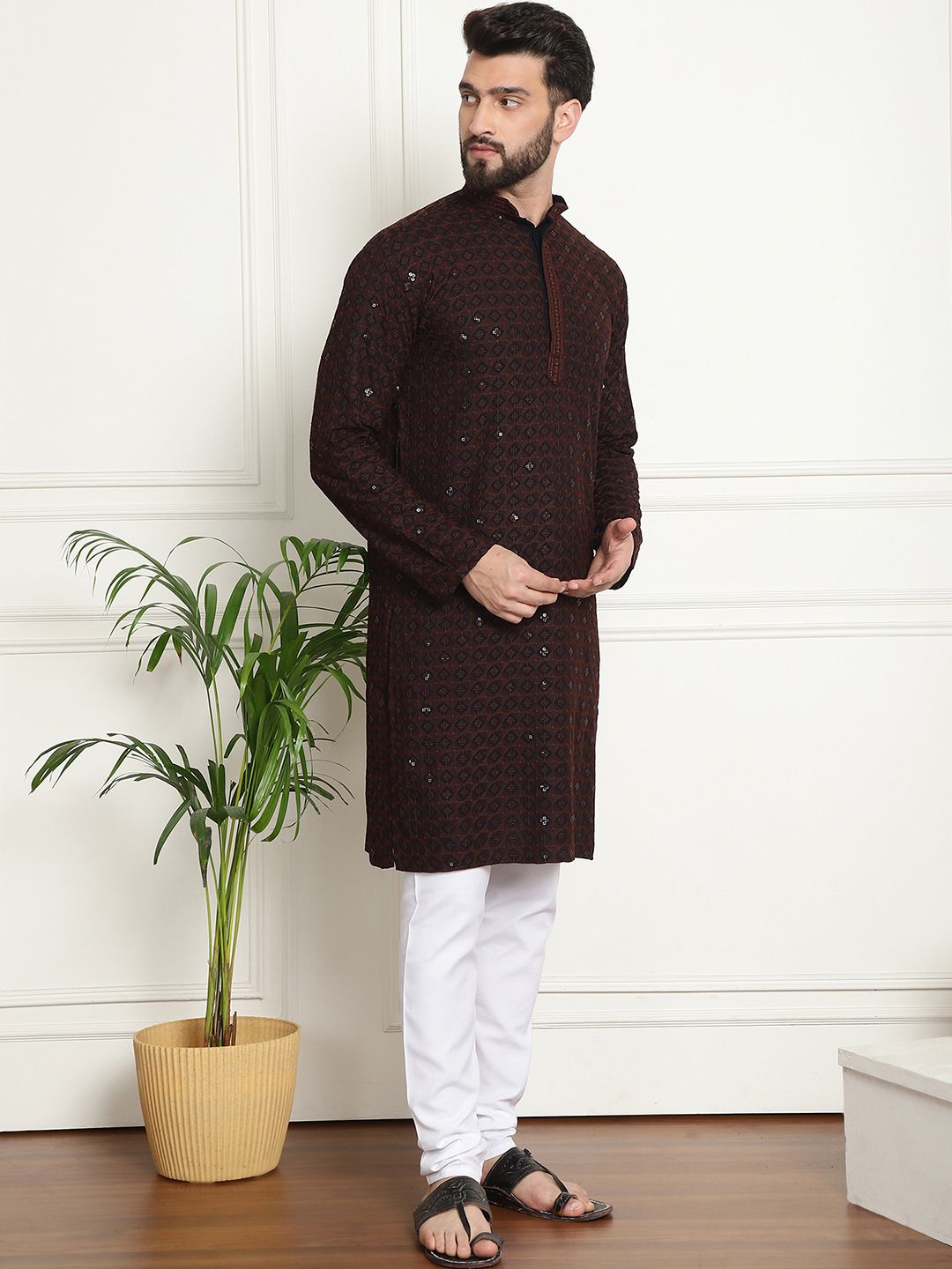 SOJANYA Embroidered Sequinned Pure Cotton Kurta with Churidar