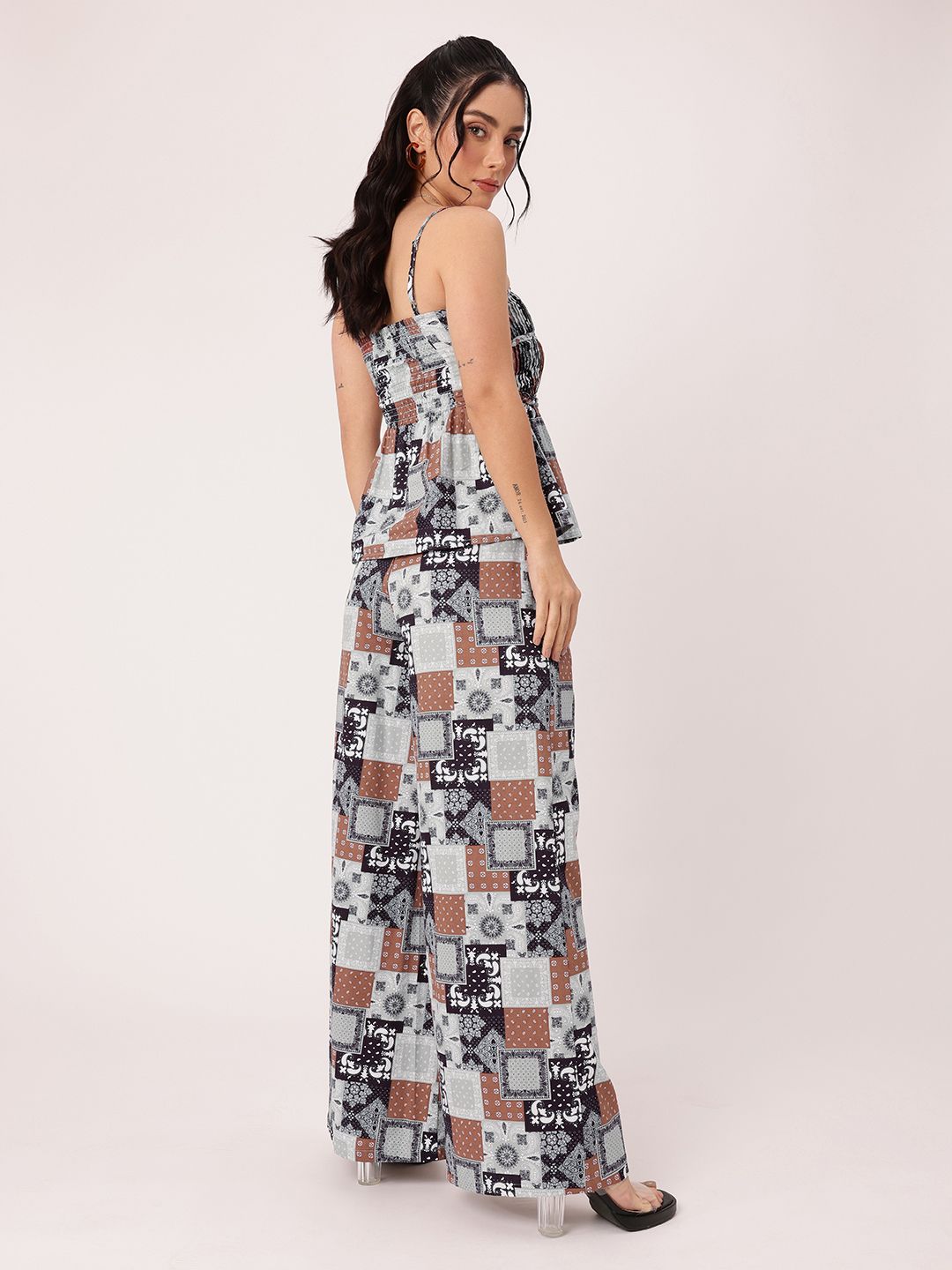 DressBerry Boho Bliss Printed A-Line Smocked Top With Wide Leg Trousers