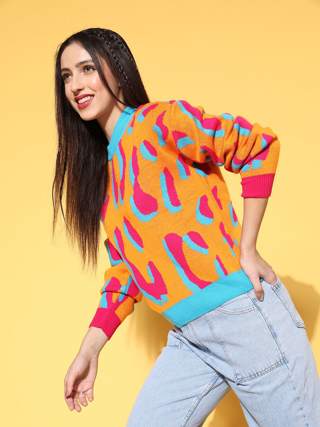 Berrylush Women Charming Yellow Abstract Knits Bits Sweater