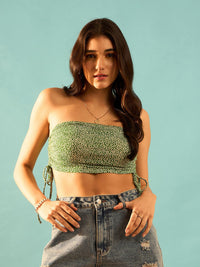 Berrylush Green Floral Printed Strapless Cotton Ruched Tube Crop Top
