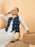 Motif etnik putih dicetak kurta kapas tulen biasa dengan seluar