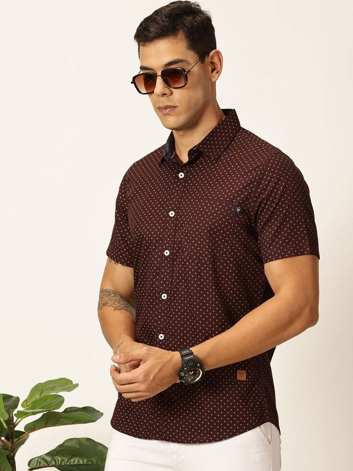 Thomas Scott Men Premium Spread Collar Micro Ditsy Printed Cotton Slim Fit Casual Shirt