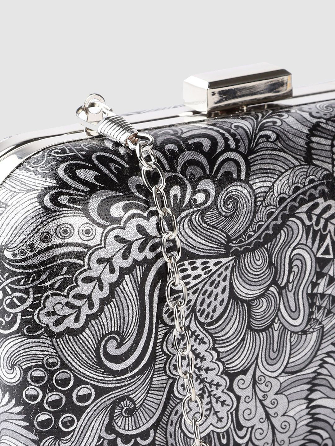 Lino Perros Black & Silver-Toned Printed Box Clutch with Detachable Sling Strap