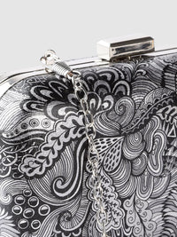 Lino Perros Black & Silver-Toned Printed Box Clutch with Detachable Sling Strap