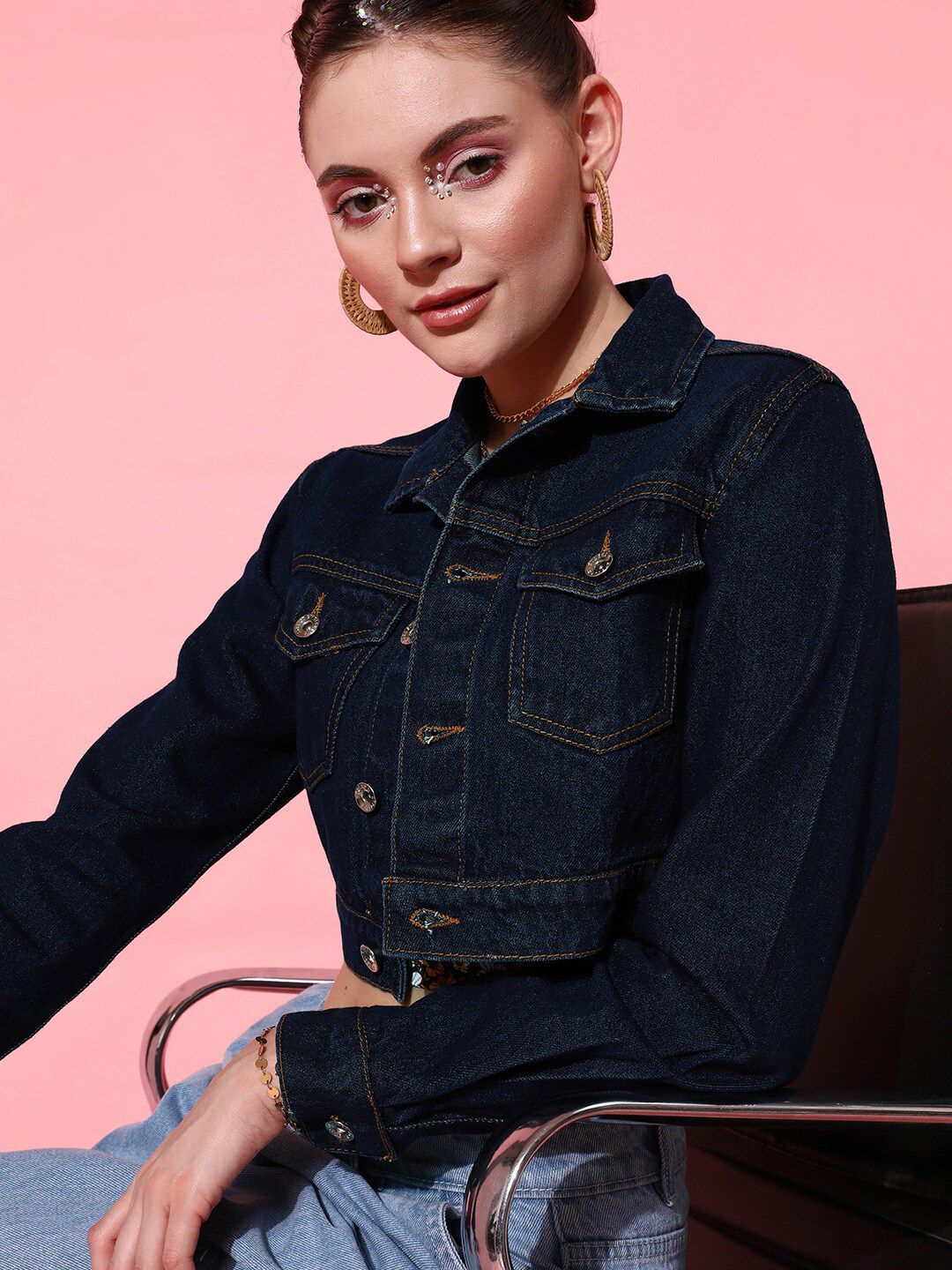 STREET 9 Women Blue Solid Crop Denim Jacket