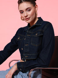 STREET 9 Women Blue Solid Crop Denim Jacket
