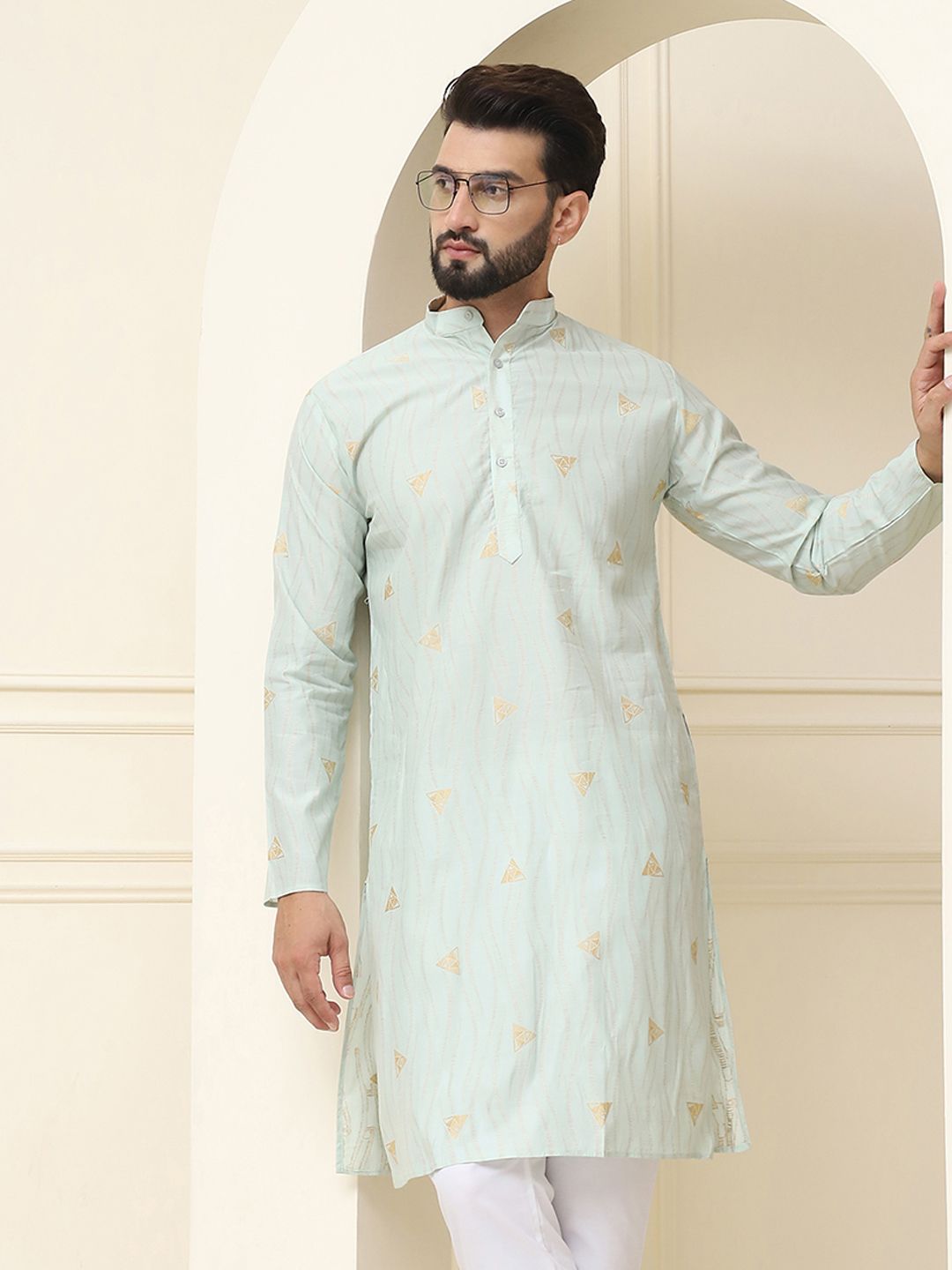 SOJANYA Kurta Lurus Tenunan Geometrik Kapas Sutera
