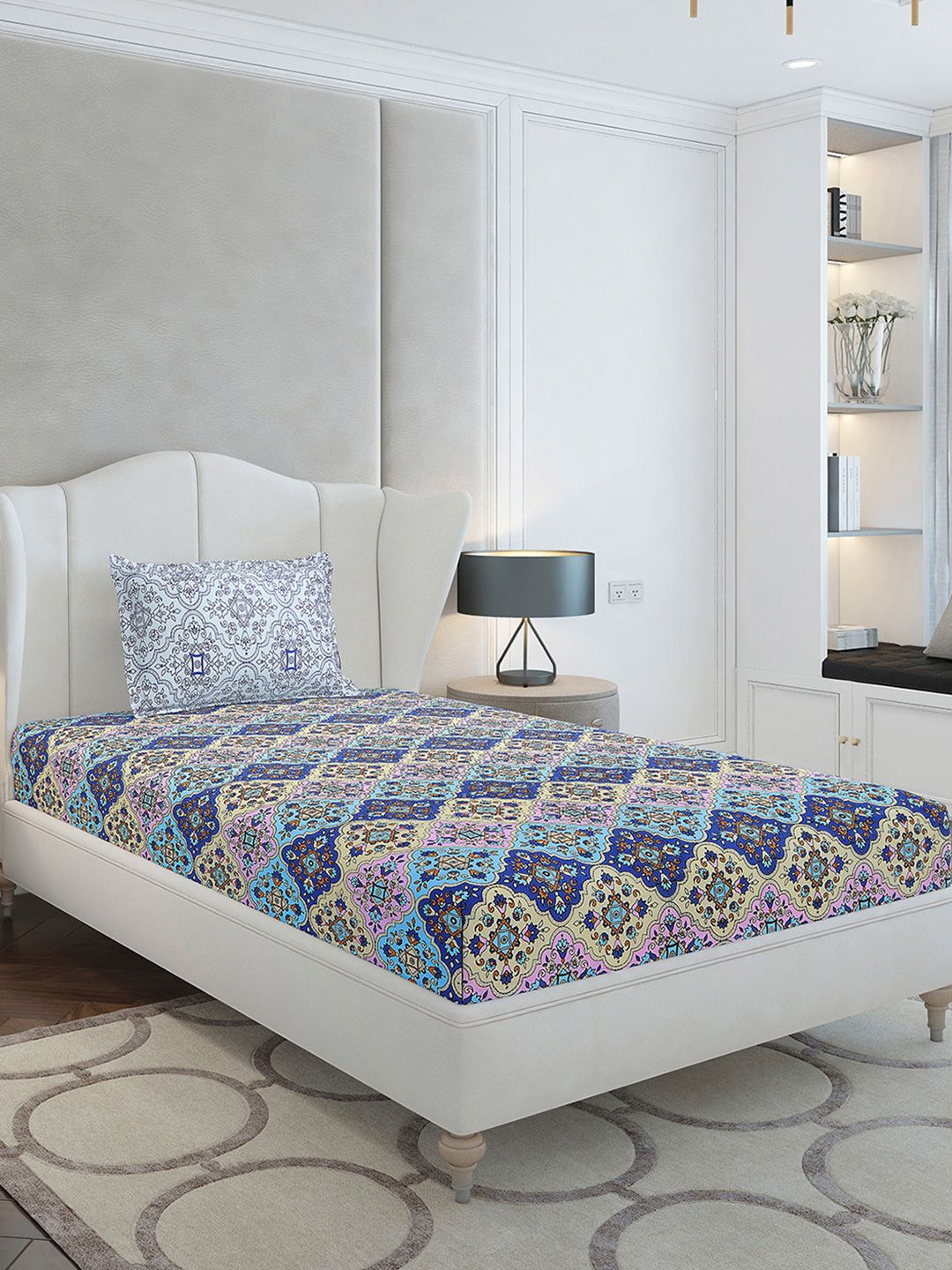 Monte Carlo Blue Ethnic Motifs Printed Cotton 144 TC Single Bedsheet Set 2.29 x 1.52 m