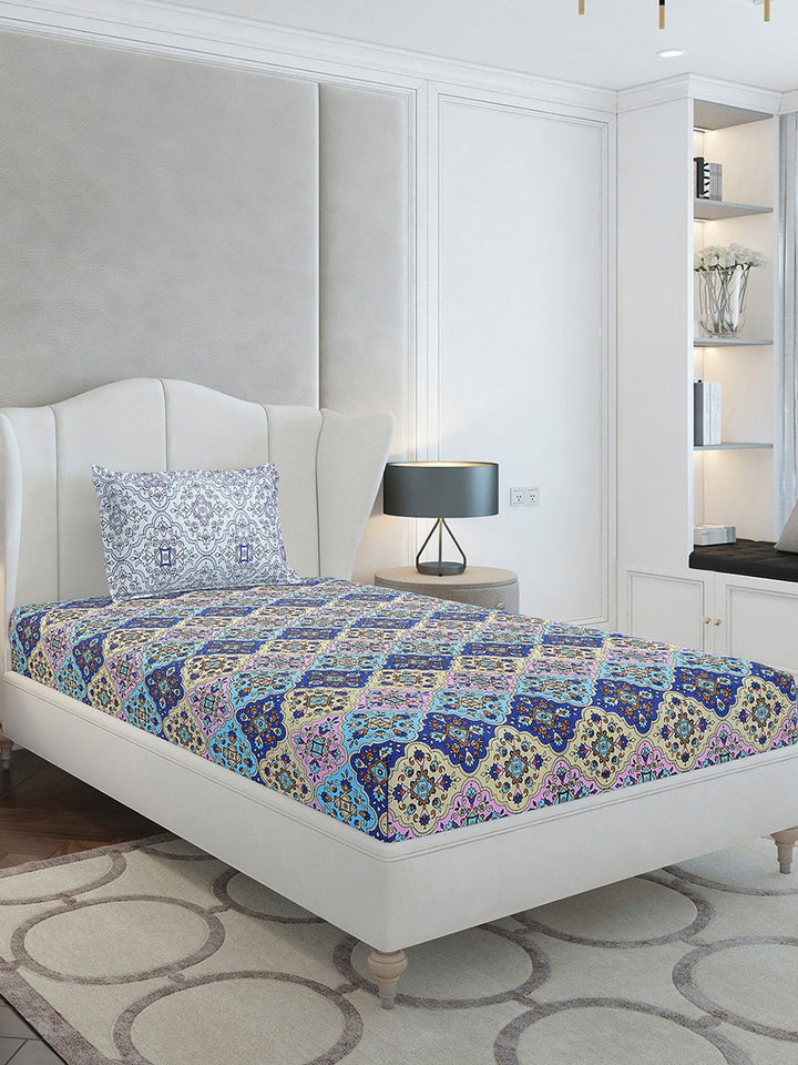 Monte Carlo Blue Ethnic Motifs Printed Cotton 144 TC Single Bedsheet Set 2.29 x 1.52 m