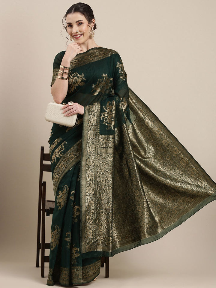 Saree mall Green Floral Linen Blend Banarasi Saree
