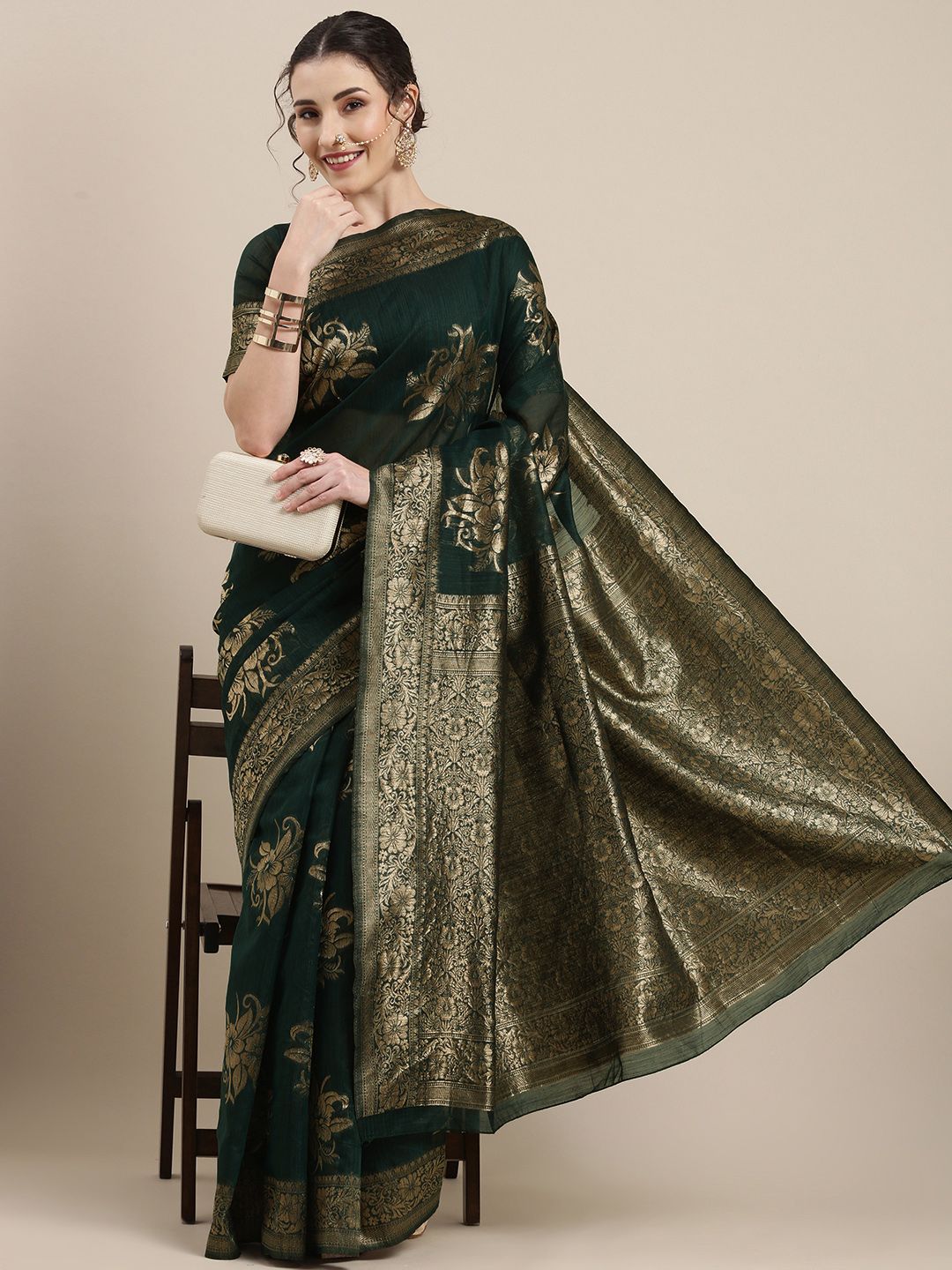 Saree mall Green Floral Linen Blend Banarasi Saree