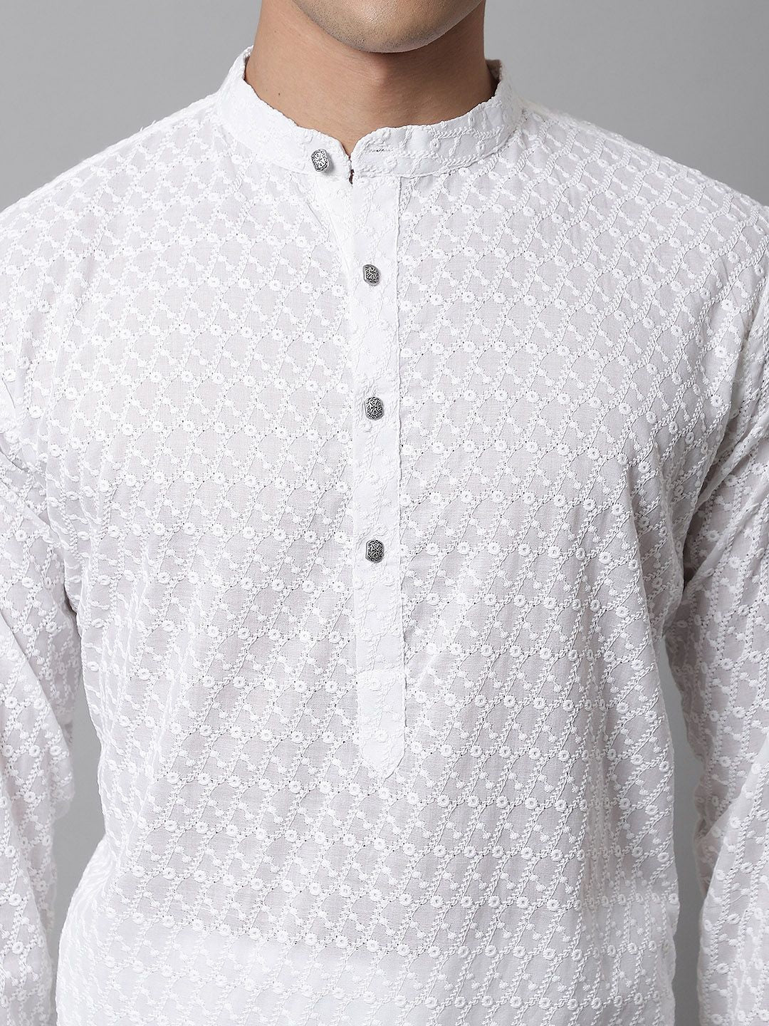 Jompers Men White Embroidered Chikankari Pure Cotton Kurta with Churidar