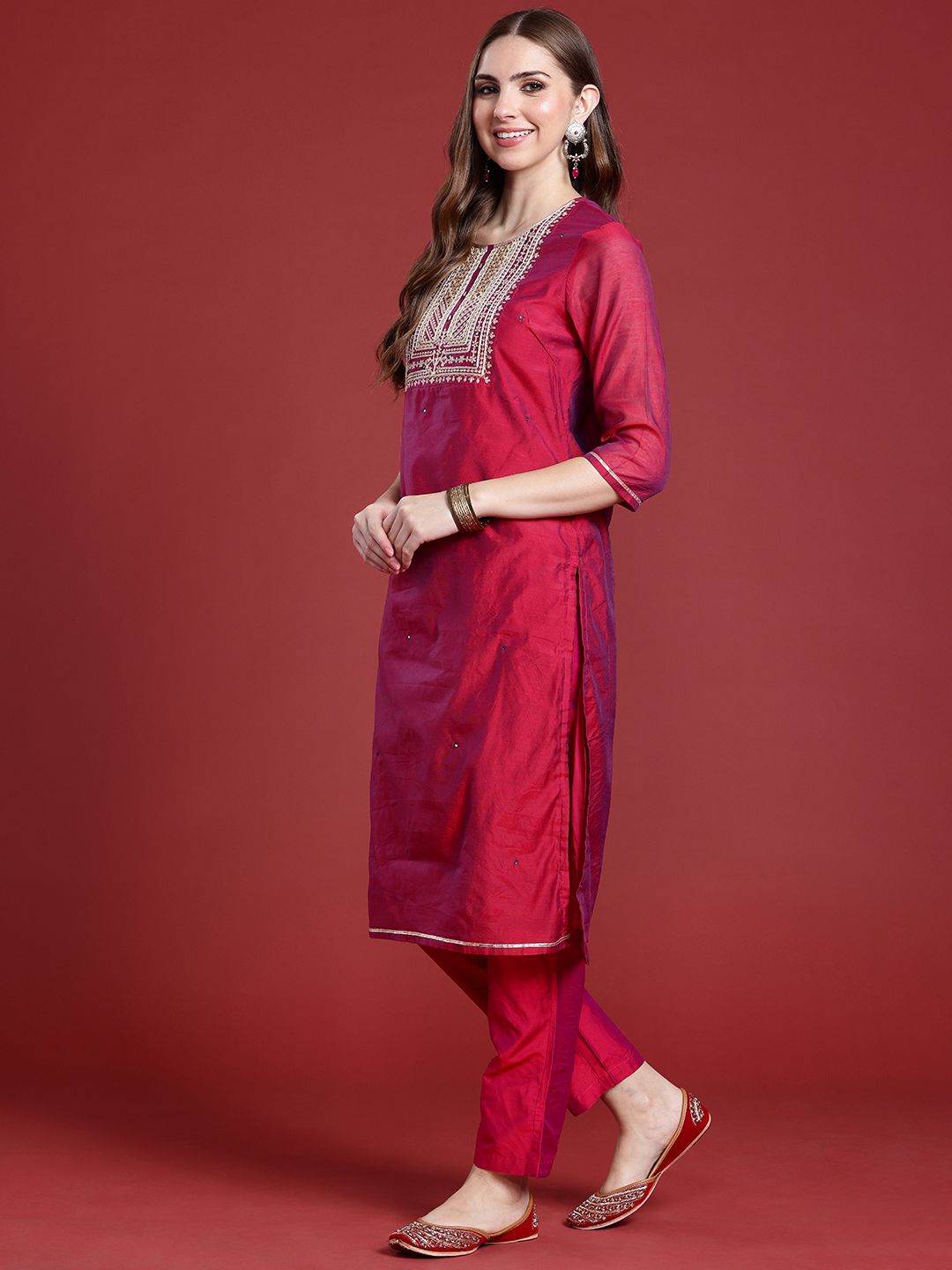 Anouk Women Ethnic Motifs Zari Work Yoke Design Regular Kurta With Trousers & Dupatta