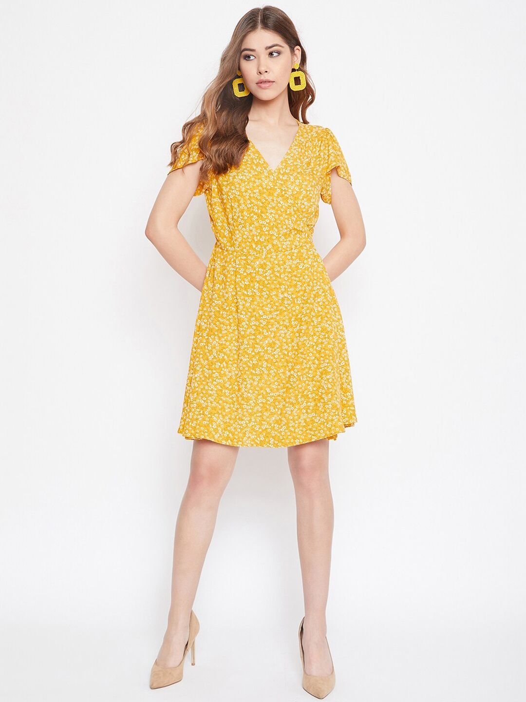 Berrylush Yellow Floral Crepe Ditsy Floral Printed Wrap Dress