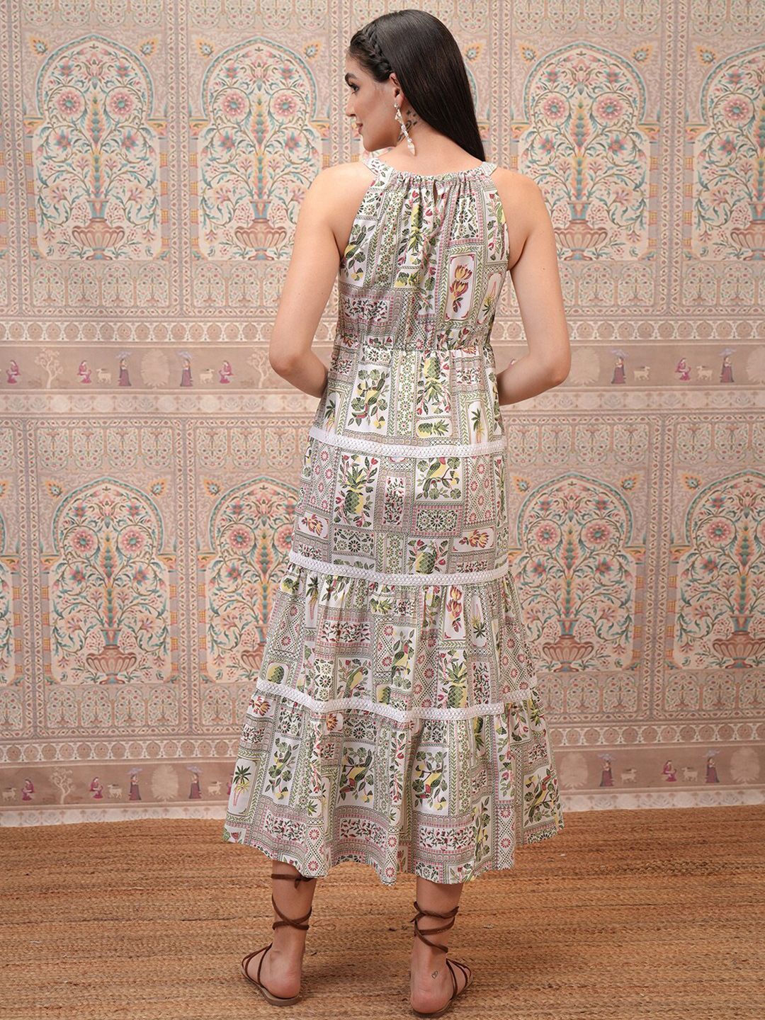 Vishudh Women Halter Neck Ethnic Motifs Print Layered Empire Midi Dress