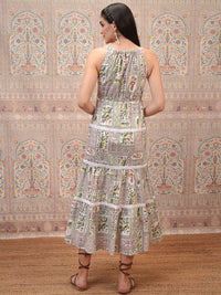 Vishudh Women Halter Neck Ethnic Motifs Print Layered Empire Midi Dress