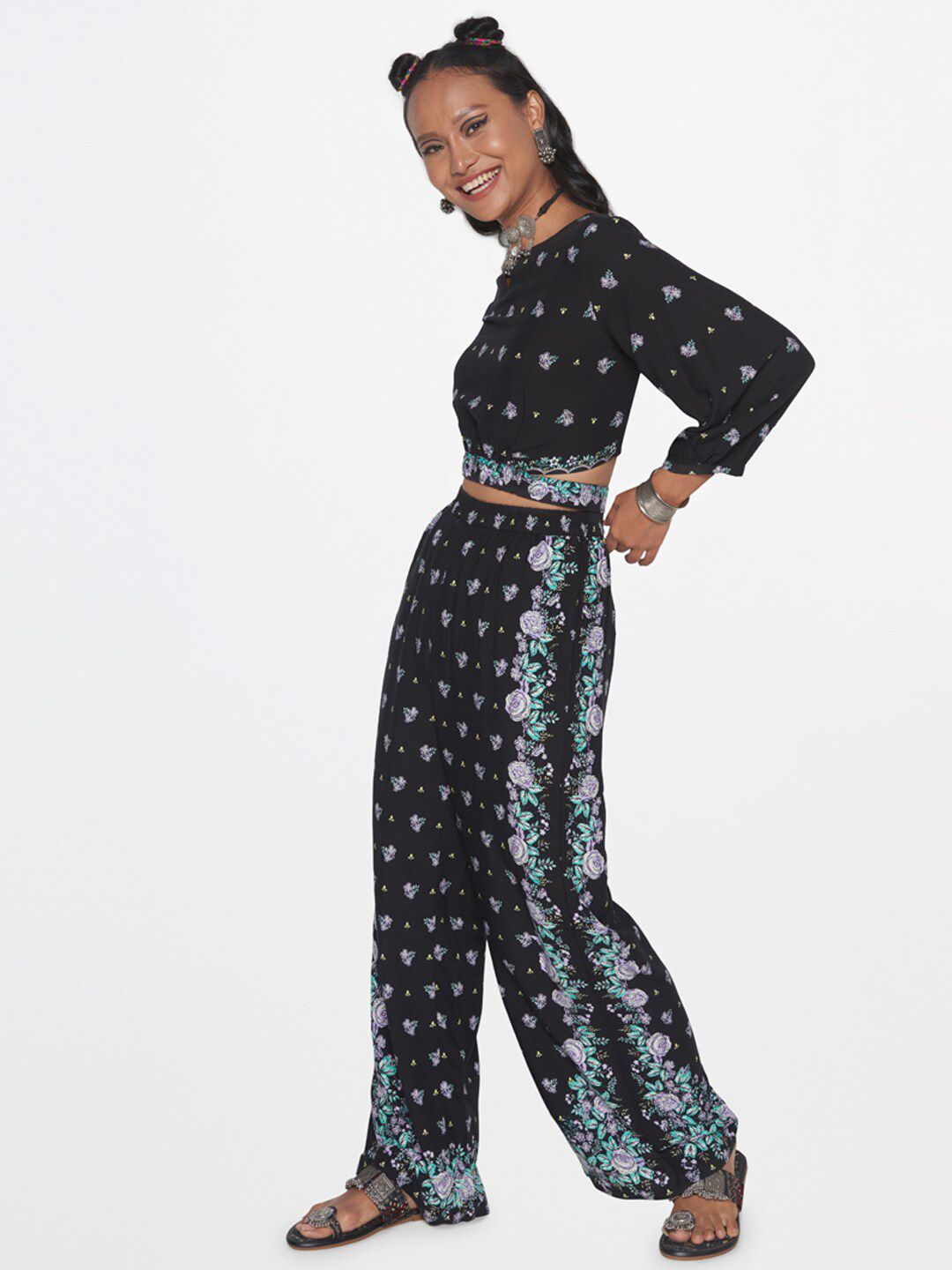 Global Desi Printed Crop Top With Trousers