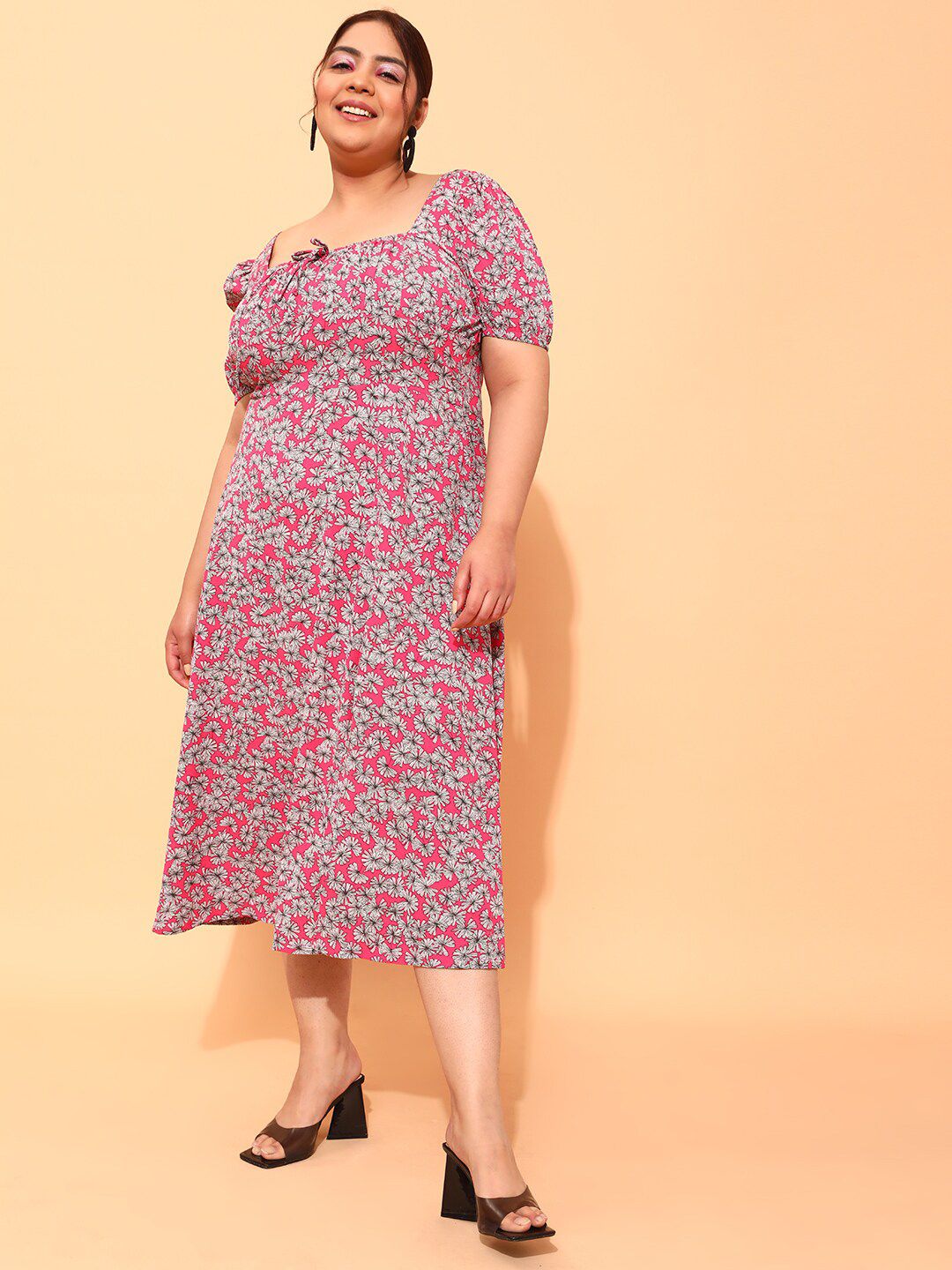 CURVY STREET Plus Size Fuchsia & White Floral printed Square Neck A-Line Dress