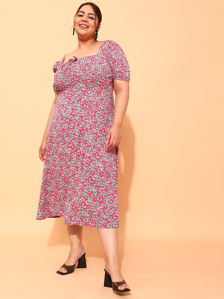 CURVY STREET Plus Size Fuchsia & White Floral printed Square Neck A-Line Dress