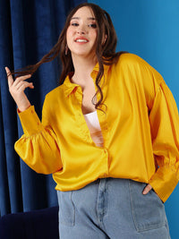 CURVY STREET Plus Size Shirt Collar Cuffed Sleeves Shirt Style Top