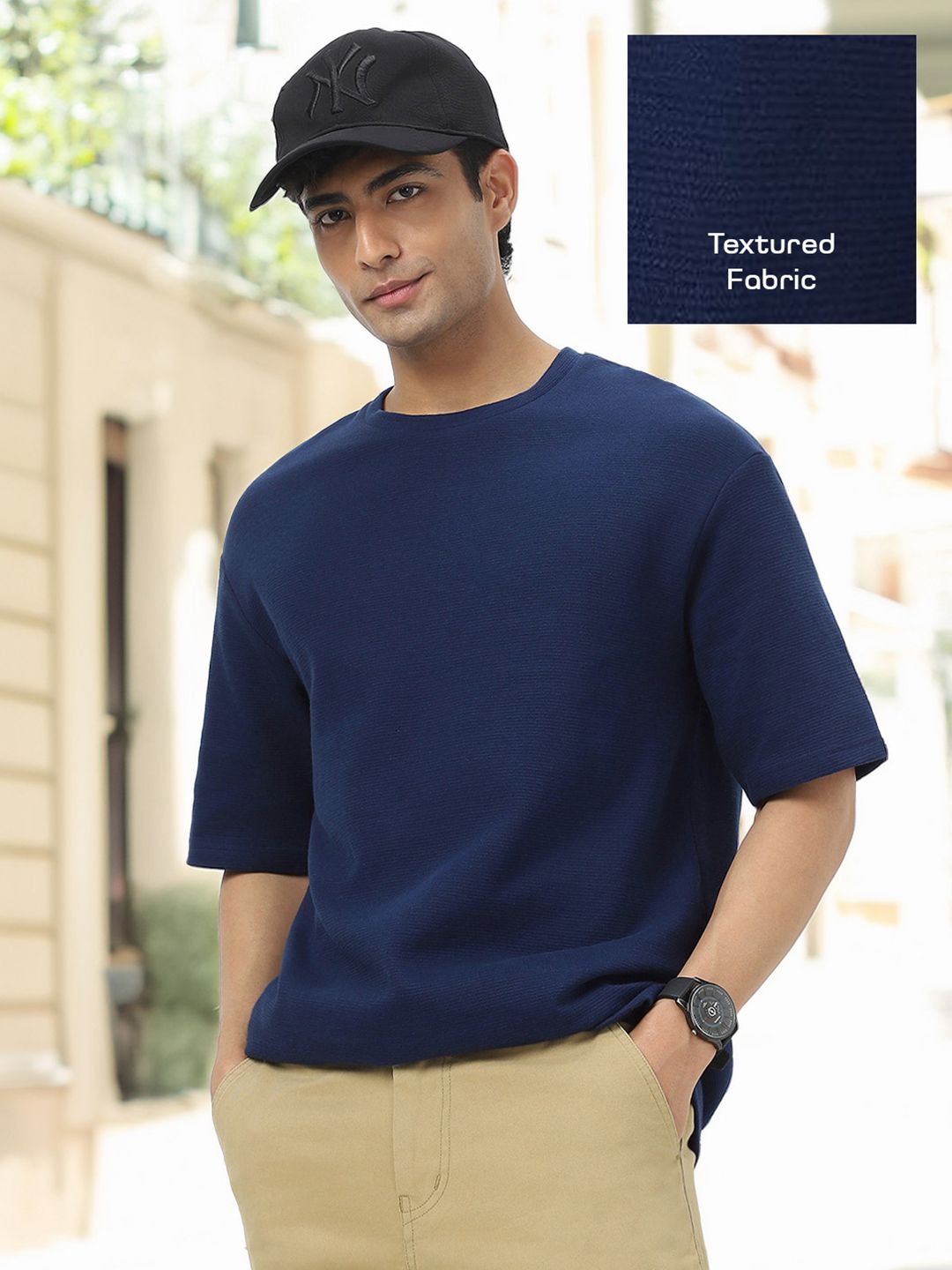 Urbano Fashion Men Textured Round Neck Oversized Half Sleeve Cotton T-Shirt