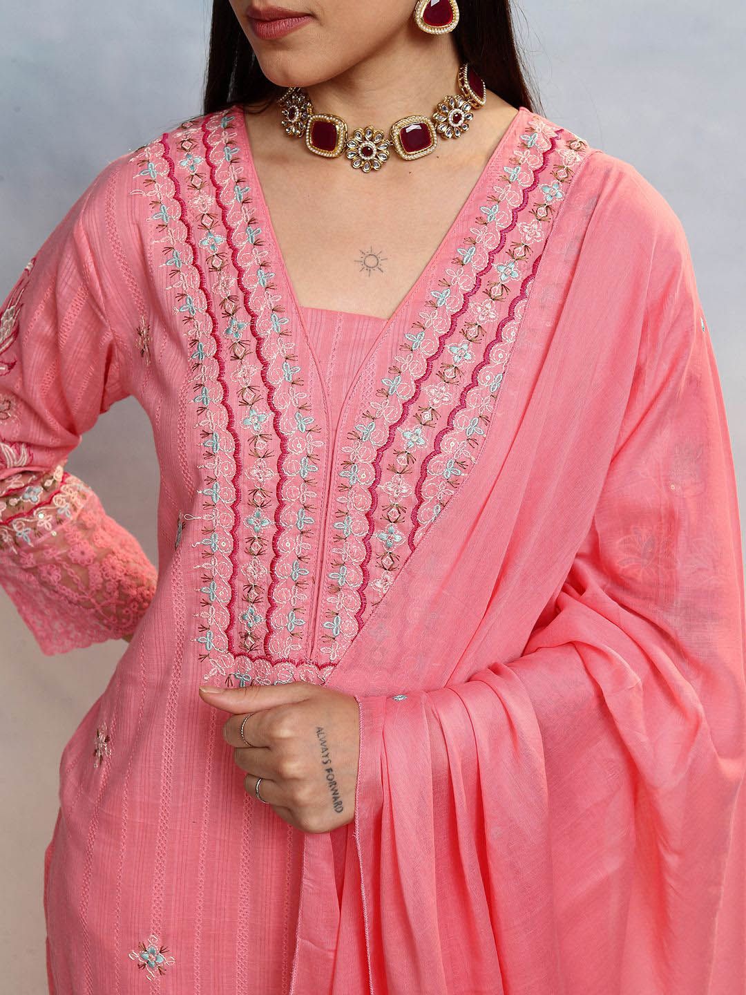 Vishudh Women Embroidered Regular Thread Work Pure Cotton Kurta with Trousers & Dupatta