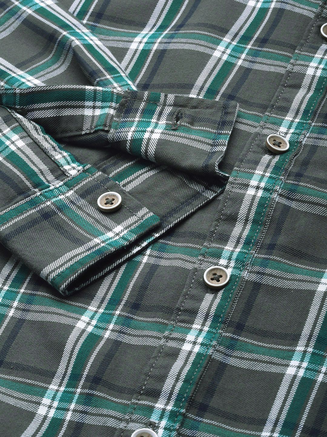 The Indian Garage Co Men Charcoal Grey & Green Checked Pure Cotton Casual Shirt