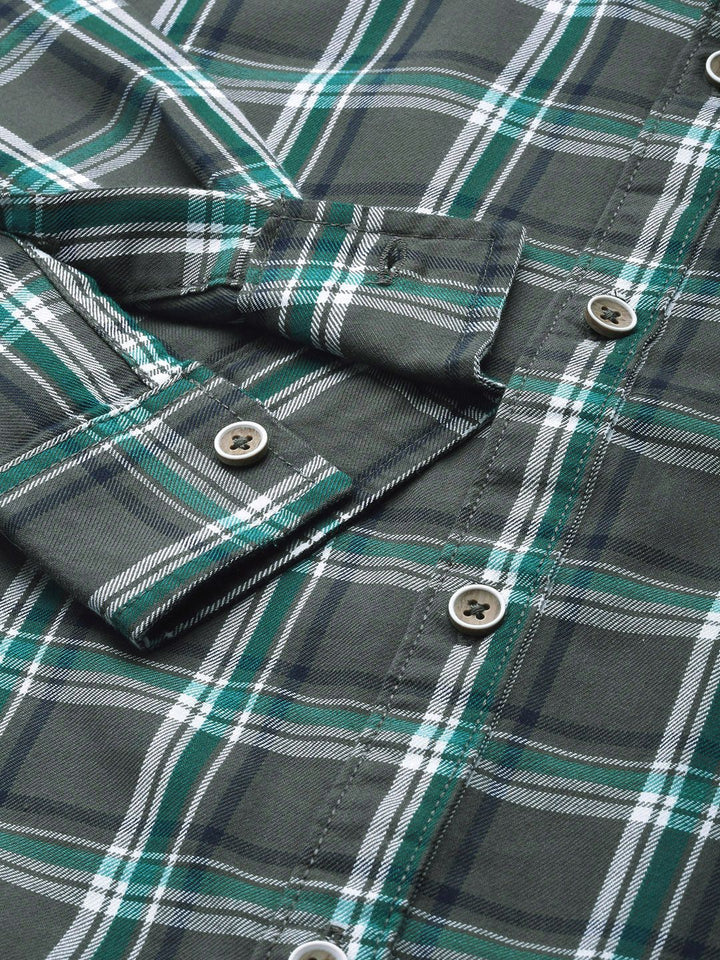 The Indian Garage Co Men Charcoal Grey & Green Checked Pure Cotton Casual Shirt